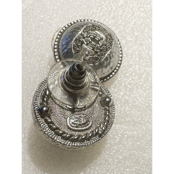 Vintage Chanel Silvertone Rhinestone Dome Shaped Double CC Pierced Earrings - Picture 6 of 7
